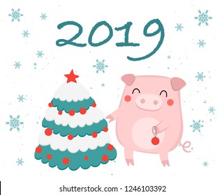 Creative postcard for New 2019 Year with cute pig and tree. Symbol of the year in the Chinese calendar. Vector cartoon isolated illustration. Year of yellow pig.
