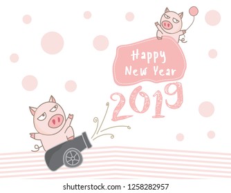 Creative postcard for New 2019 Year with cute pig. Concept, vector vertical editable template. Symbol of the year in the Chinese calendar. Cartoon. Isolated. Vector illustrator.