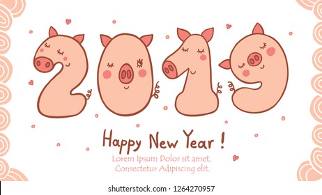 Creative postcard for New 2019 Year with cute cartoon pig numbers. Symbol of the year in the Chinese calendar. Isolated. Vector illustration.