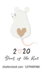 Creative postcard for New 2020 Year with cute rat. Year of the Rat - symbol of the year in the Chinese calendar. Cartoon. Isolated. Vector illustration