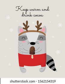 Creative postcard for New 2020 Year with cute raccoon and winter slogan. Vector cartoon doodle isolated illustration. Winter holidays, baby shower, birthday, children's party