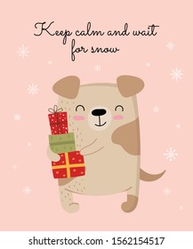 Creative postcard for New 2020 Year with cute dog and winter slogan. Vector cartoon doodle isolated illustration. Winter holidays, baby shower, birthday, children's party