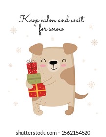 Creative postcard for New 2020 Year with cute dog and winter slogan. Vector cartoon doodle isolated illustration. Winter holidays, baby shower, birthday, children's party