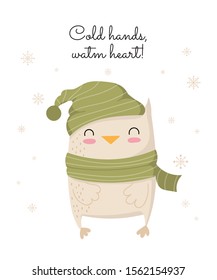 Creative postcard for New 2020 Year with cute owl and winter slogan. Vector cartoon doodle isolated illustration. Winter holidays, baby shower, birthday, children's party