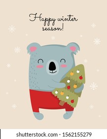 Creative postcard for New 2020 Year with cute koala and winter slogan. Vector cartoon doodle isolated illustration. Winter holidays, baby shower, birthday, children's party