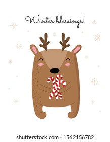 Creative postcard for New 2020 Year with cute deer and winter slogan. Vector cartoon doodle isolated illustration. Winter holidays, baby shower, birthday, children's party