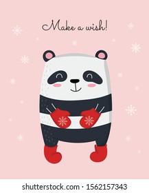 Creative postcard for New 2020 Year with cute panda and winter slogan. Vector cartoon doodle isolated illustration. Winter holidays, baby shower, birthday, children's party