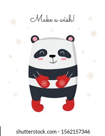 Creative postcard for New 2020 Year with cute panda and winter slogan. Vector cartoon doodle isolated illustration. Winter holidays, baby shower, birthday, children's party