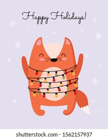 Creative postcard for New 2020 Year with cute fox and winter slogan. Vector cartoon doodle isolated illustration. Winter holidays, baby shower, birthday, children's party