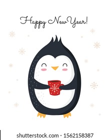 Creative postcard for New 2020 Year with cute penguin and winter slogan. Vector cartoon doodle isolated illustration. Winter holidays, baby shower, birthday, children's party