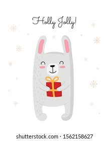 Creative postcard for New 2020 Year with cute rabbit and winter slogan. Vector cartoon doodle isolated illustration. Winter holidays, baby shower, birthday, children's party
