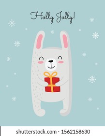 Creative postcard for New 2020 Year with cute rabbit and winter slogan. Vector cartoon doodle isolated illustration. Winter holidays, baby shower, birthday, children's party