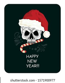 Creative postcard for New 2020 Year with skull in cap and winter slogan.  Inscription Happy New Year!!! Vector illustration.