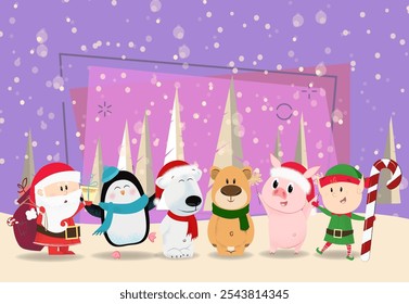 Creative postcard with winter cartoon company. Poster with cartoon characters of Santa Claus, penguin, polar beer, piglet and elf. Can be used for postcards, greeting cards, leaflets