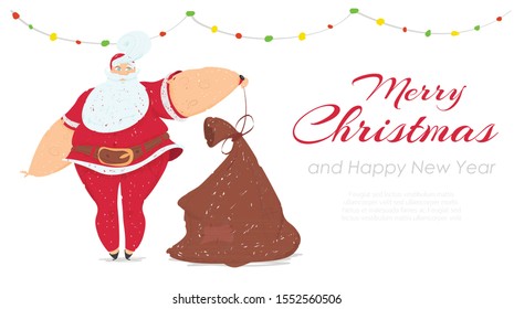 Creative Postcard for Winter Season Holidays with Merry Christmas and Happy New Year Wishes. Fat Santa Claus in Red Traditional Costume Untie Sack with Gifts. Cartoon Flat Vector Illustration, Banner