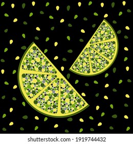 A creative postcard with yellow-green fruit slices, consisting of multi-colored circles for printing on fabric, decorative pillows, mobile covers, notebooks. Vector graphics.