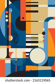 Creative poster with abstract music instruments. Placard design in flat style.