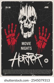 Um pôster criativo anunciando noites de filmes de terror. O design apresenta um crânio e impressões de mãos vermelhas, adicionando uma atmosfera arrepiante.