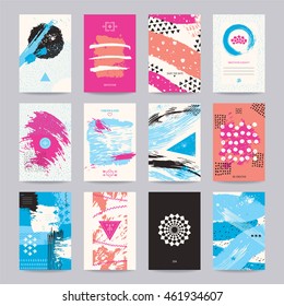 Creative poster, art flyer, colorful modern invitation, birthday and wedding card, web banner. Artistic templates with hand drawn textures, geometric symbols, thin line icons, paint dabs, zen circles.