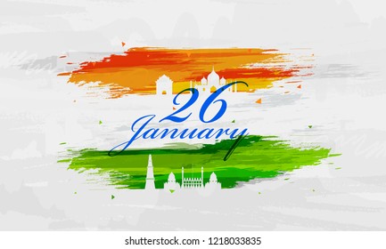 Creative poster or banner design with Famous Indian Monuments and stylish lettering of 26 January for Republic Day celebration.