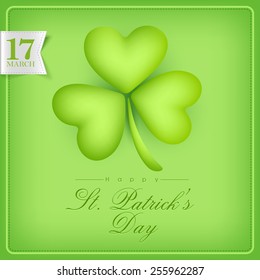 Creative poster or banner design with glossy shamrock leaf on green background for Happy St. Patrick's Day celebration.