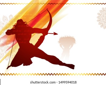 Creative poster or banner design with Hindi language text Jai Shri Ram background, Lord Rama aim Demon Ravana on abstract background and space for your message.