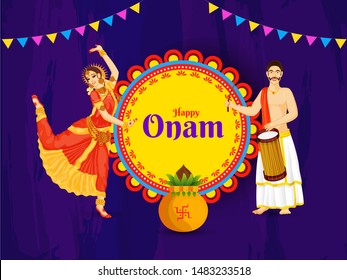 Diseño creativo de afiches o pancartas con la ilustración de la mujer pose de baile clásico y el tamborilero para el concepto de celebración de Happy Onam.