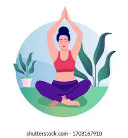 Creative poster or banner design with illustration of woman yoga lotus pose. Practicing yoga. Vector illustration. Young and happy woman meditates.