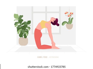 Creative poster or banner design with illustration of woman doing yoga for Yoga Day Celebration. Camel Pose - Ustrasana