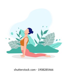 Creative poster or banner design with illustration of Young woman in yoga. Woman workout fitness, aerobic and exercises. Healthy lifestyle concept on garden backgroud. Vector illustration.