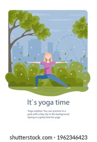 Creative poster or banner design with illustration of girl doing yoga outdoor in nature in spring park. Flat style