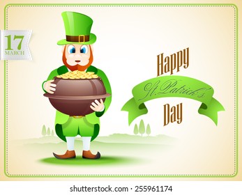 Creative poster or banner design with leprechaun holding gold coins pot on nature background.