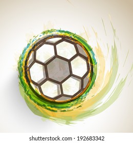 Creative poster, banner or flyer design with shiny soccer ball on grungy colours background. 