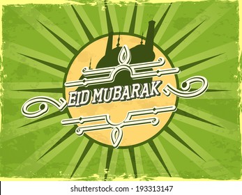 Creative poster, banner or flyer design with illustration of a mosque and stylish text Eid Mubarak on green background for celebration of Muslim community festival.