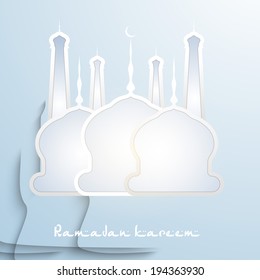Creative poster, banner or flyer design with shiny mosque on blue background for holy month of muslim community Ramadan Kareem.
