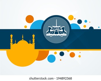 Creative poster, banner or flyer design with stylish mosque and arabic islamic calligraphy of text Eid Mubarak on colorful abstract background for celebration of Muslim community festival. 
