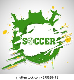 Afiche creativo, pancarta o diseño de volante con silueta de Río de Janeiro, y jugador de fútbol con fondo gruñón. 