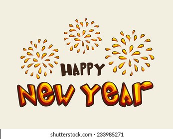 Afiche creativo, pancarta o diseño de volante con texto colorido Feliz Año Nuevo en fondo decorado con fuegos artificiales.