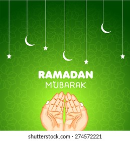 Creative poster, banner or flyer design with praying human hands illustration on shiny green background.