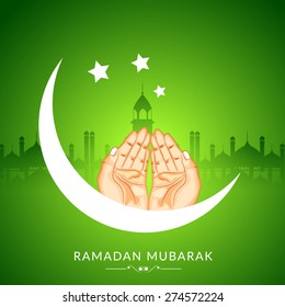 Creative poster, banner or flyer design with praying human hands illustration on shiny green background