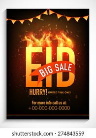 Creative poster, banner or flyer design with shiny text Eid in fire for Muslim community festival celebration.