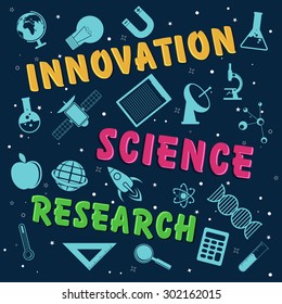 Afiche creativo, pancarta o diseño de volante con varios elementos de la ciencia sobre fondo azul.