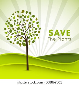 Kreatives Poster, Banner oder Flyer-Design mit der Illustration eines grünen Baumes auf Rochen Hintergrund für Save the Plants.