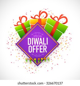 Creative poster, banner or flyer design with shiny colourful gift box and ribbon for Special Diwali Offer.