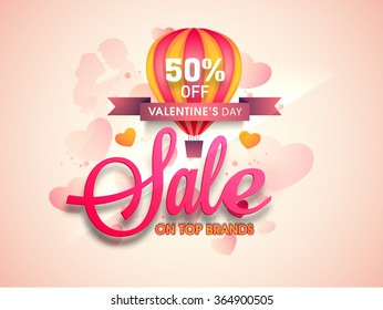 Creative Poster, Banner or Flyer design of Sale with 50% discount offer on Top Brands for Happy Valentine's Day celebration.