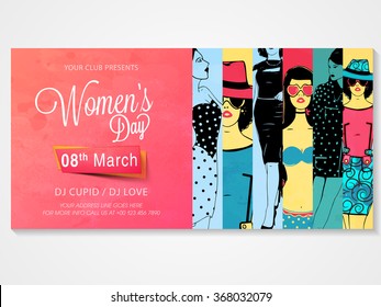 Creative poster, banner or flyer design with illustration of young girls for Women's Day Party celebration.