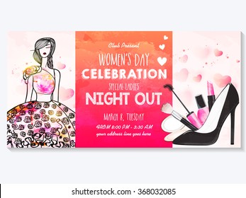 Creative poster, banner or flyer design with illustration of young girl, make up kit and high heel sandal for Women's Day Party celebration.