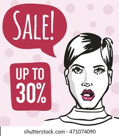 Creative Poster, Banner or Flyer design of Sale with 30% discount offer. Fashion sketch portrait of amused girl with speech bubble on pink background with dots..