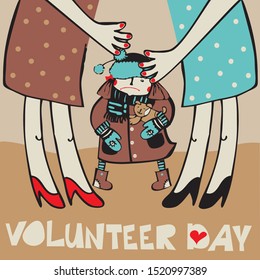 Creative poster or banner international volunteer Day concept in cartoon style. Perfect for printing, card, poster, brand.
