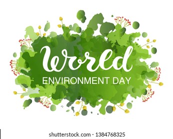 Creative Poster Or Banner Of World Environment Day with green watercolor splashes background.